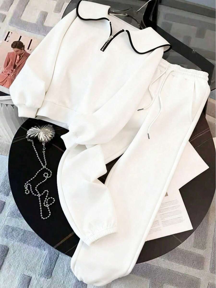 Resyla Loose Princess Collar Half-Zip Raglan Sleeve Top + Elastic Waist Casual Pants With Slant Pockets