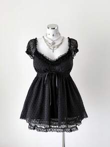 Sunspun Áo kiểu dáng dễ thương cho bé gái cỡ lớn, chất liệu chiffon đen, chấm bi, cổ chữ V khoét eo, viền ren và bèo nhún, tôn dáng. - màu đen - Xem 6