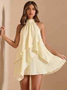 SHEIN BAE Enfärgad Gul/Crämfärgad Halter Backless Satin A-linjeklänning, Lämplig för Vår-/Sommarsemester, Strand, Elegant Bröllopsgäst, Helgdag, Höst-/Vinterkvällstillfällen, Elegant Jul, Halloween - Gul - Visa 3