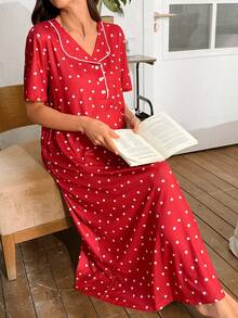 Moonlight&Mama Heart Print Snap-Front Maternity Nursing Nightgown With Short Sleeves - Burgundy - View 4