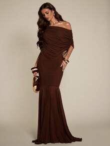 SHEIN BAE 女士纯色褶皱不对称下摆修身连衣裙 - 棕色 - 查看 4