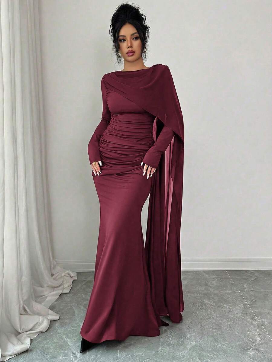 Elenzga Asymmetric Cape Collar Swing Waist Pleated Metal Decor A-Line Elegant Romantic Sophisticated Women's Dress, Velvet Fabric, Autumn/Winter - Burgundy - View 1