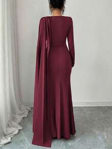 Elenzga Asymmetric Cape Collar Swing Waist Pleated Metal Decor A-Line Elegant Romantic Sophisticated Women's Dress, Velvet Fabric, Autumn/Winter - Burgundy - View 2