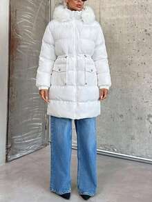 EURMUSE Long Padded Coat With Hoodie And Big Pocket - White - View 8