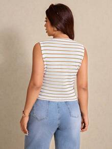 Elaquor Plus Size Women Casual Minimalist All-Match Striped V-Neck Top, Versatile For Spring/Summer - Multicolor - View 2