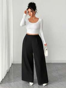 Elenzga 大码女士优雅纹理面料长裤，腰部饰有装饰，修身显瘦，适合约会、聚会、毕业典礼、节日、情人节、音乐节、母亲节、万圣节、感恩节、复活节、国庆节、舞会、派对、婚礼、郊游等场合。高腰阔腿裤，女士休闲裤。 - 黑色 - 查看 4