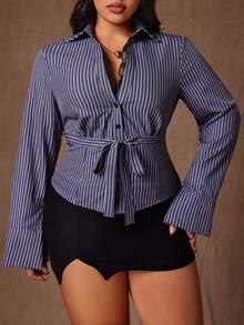 Rustia Lace Patchwork Striped Casual Long Sleeve Tie Front Shirt - Grey - View 4