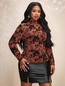 Truni Plus Size Floral Print Sheer Stand Collar Mesh Blouse (Bralette Not Included),Autumn Outfits For Women, Women's Clothing, For Pear Triangle Body Shape - Brown - View 3