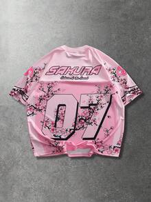 ROMWE MEN Prep Áo thun nam tay ngắn in số và chữ số, kiểu dáng thường ngày, thích hợp cho các hoạt động thể thao mùa xuân/hè. - Hồng - Xem 2