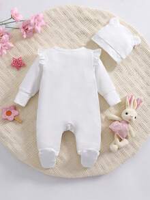 SHEIN Bộ đồ liền thân mềm mại cho bé gái sơ sinh cổ tròn tay dài xếp nếp họa tiết chim hoa, mùa thu/đông - trắng - Xem 2