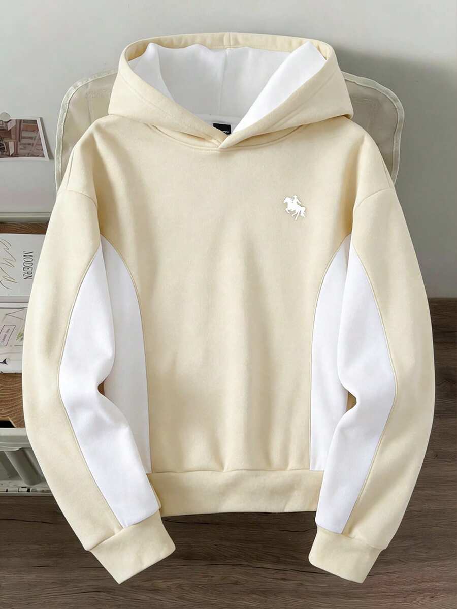 Manfinity Joysei Áo hoodie dài tay nam phối màu tương phản, thêu họa tiết, kiểu dáng thường ngày, có bo gấu. - Màu be - Xem 1