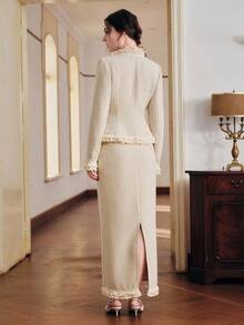 Anewsta 女士荷叶边拼接优雅上衣和半裙两件套 - 杏色 - 查看 2