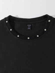 ROMWE MEN Essentials Áo thun nam tay ngắn dáng rộng, đính đá lấp lánh. - màu đen - Xem 2