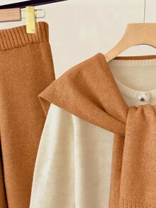 Franclia 纽扣开襟开衫、针织裤和披肩 - 卡其色 - 查看 4