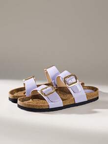 Solecia Women's Woven Casual Sandals, Purple, Open Toe, Double Strap Design, Breathable, Beach Style, Flat Slip-On - Mauve Purple - View 2