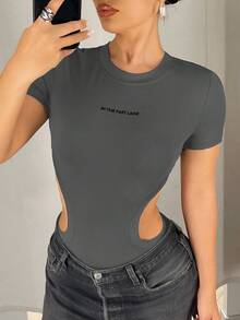 SHEIN ICON Y2K风格女士黑色高弹镂空轻薄无缝针织连体衣 - 灰色 - 查看 3