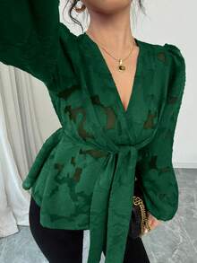 Elenzga Women's Red Chiffon Cut-Out Rose Pattern Long Sleeve Blouse Peplum Top - Dark Green - View 4