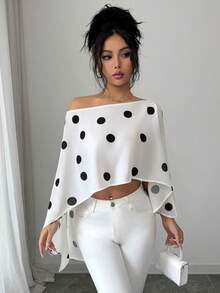 SHEIN Elenzya 女士新款优雅时尚波点印花休闲百搭不对称荷叶边领衬衫，适合日常穿着、约会、派对、春夏穿着 - 黑與白 - 查看 4