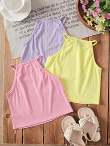 SHEIN LMoss Kids 三件套：纯色针织无袖上衣和条纹针织无袖上衣，适合年轻女孩 - 彩色 - 查看 3
