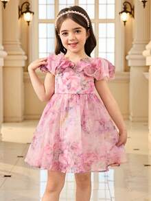 Young Girl Elegant Floral Pattern Midi Dress - Multicolor - View 4