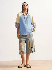 Bohemela 女士夏季休闲度假波西米亚乡村风撞色拼接圆领短袖宽松T恤 - 彩色 - 查看 6