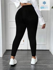 Slaydiva Plus Size Solid Color Slim Fit Casual High Waist Versatile Daily Jeans - Black - View 2