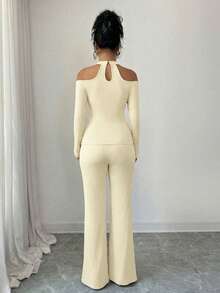 Elenzga Elegant Apricot Women Fall Winter 2-Piece Set,Floral Trim Halter Asymmetric Hem Long Sleeve Top & Flare Pants  Dining Party Banquet Office Date Night - Beige - View 2