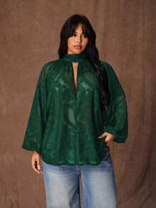 Rustia 大码V领蝴蝶结提花半透明优雅复古休闲可爱派对衬衫 - 綠色 - 查看 3