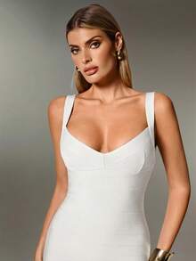 Nuvra 性感纯色针织吊带无袖迷你连衣裙，修身派对假日女装 - 白色 - 查看 6