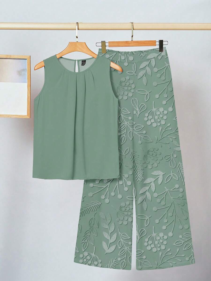 SHEIN Clasi 两件套女士休闲碎花套装,适合夏季穿着 - 綠色 - 查看 1