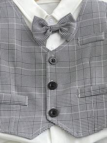 3 piezas Conjunto formal de caballero para niños pequeños: Polo de punto blanco con moño, chaleco de bolsillo decorativo a cuadros y pantalones cortos de cintura elástica, elegante y de moda, adecuado para fiesta de cumpleaños, bautizo, celebración del 1er cumpleaños, ocasiones formales, cena, actuación, boda, atuendo de paje, verano - Multicolor - Ver 5
