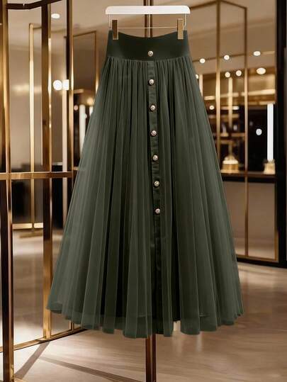 GlowEve CURVE 大码女式优雅网纱拼接纽扣装饰休闲通勤半身裙，秋季女装，俱乐部派对优雅长裙