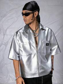 AXEPEAK Men's PU Leather Letter Embroidered Loose Woven Short Sleeve Shirt - Silver - View 2