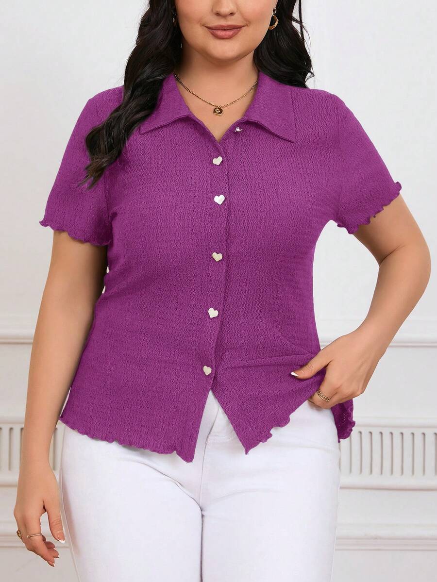 SHEIN Frenchy Áo thun trơn dáng rộng cài nút hình trái tim dành cho nữ - Màu đỏ tím - Xem 1