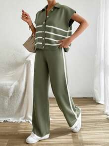 Stripe Polo Neck Sweater & Knit Pants Co-Ords - Green - View 2