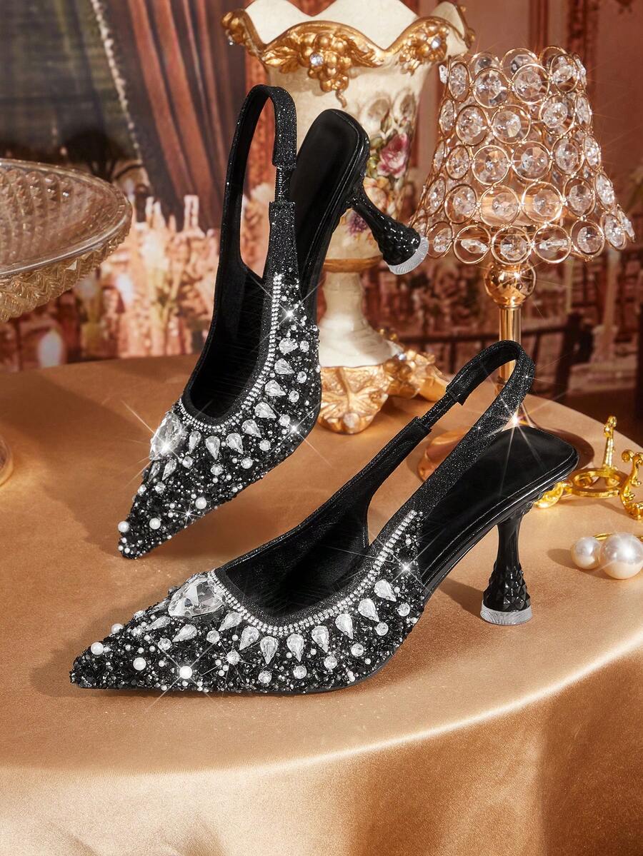 CUCCOO TILAWA Luxury Gold Crystal High Heel Sandals, Handmade Rhinestone Gilded Fully Studded Sandals, Suitable For Weddings, Vacations, Parties, Nightclubs And Other Occasions For Christmas Valentine's Day - Black - View 1