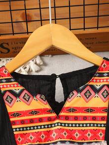 女童中东图腾印花拼接撞色长袍罩衫，黑色SADU纹理面料，舒适拼接图腾印花V领流苏时尚休闲长袖衬衫+阔腿裤两件套 - 黑色 - 查看 4