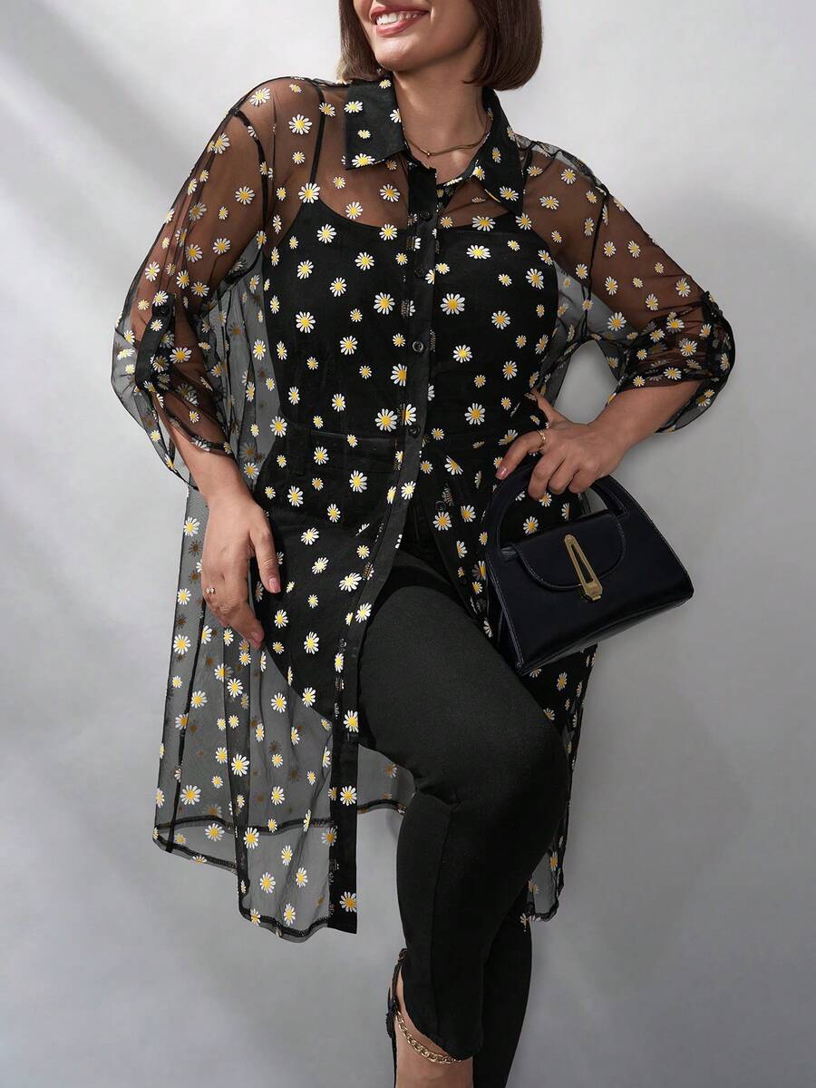 Chikora 大码女式夏季时尚薄纱碎花纽扣前开襟衬衫，2026新款，适合各种场合的夏季上衣和春假装 - 彩色 - 查看 1