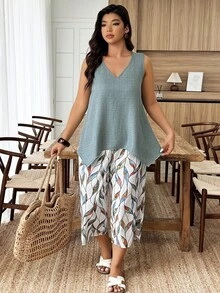 Weeklong Plus Size Summer Casual Solid Color Tank Top And All-Over Print Pants 2 Pieces Set - Green - View 8