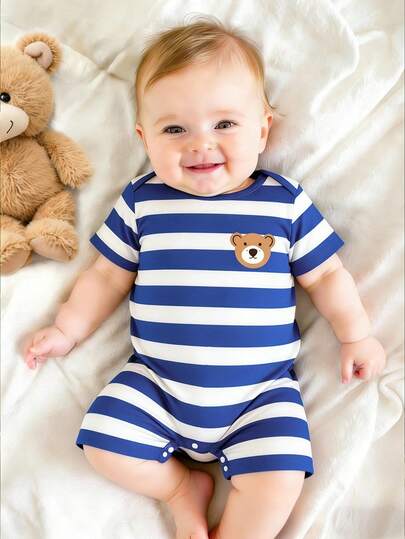 Baby Boy Cute Bear Striped Print Short Sleeve Romper, Suitable For Summer
