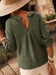 SHEIN LUNE Plus Size Women's Casual Mid-Sleeve Shirt With Backside Ring Design, Spring/Summer - Army Green - View 7