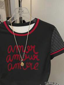 Resyla Women's Casual Round Neck Letter & Striped Print Short Sleeve T-Shirt - Black - View 3