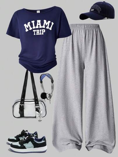 SHEIN Sparklyn 2件套 少女休闲时尚露肩字母印花宽松T恤和阔腿灰色裤子，春夏款