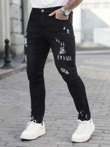 Manfinity Homme 男士口袋做旧修身休闲牛仔裤 - 黑色 - 查看 5