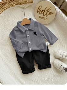 新生男宝宝休闲可爱百搭白色长袖衬衫和裤子套装 - 灰色 - 查看 7