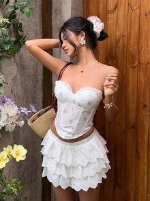 SHEIN MainGRL Spring/Summer Resort Youthful And Vibrant White Floral Fabric Tube Top With Lace Trim And Herringbone Cups, Perfect For Music Festivals, Vacations, Dates, And Spring/Summer, Beach For Women - Multicolor - View 4