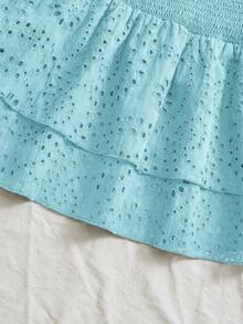 SHEIN Unity Navy Blue Vacation Style Pleated Sleeveless Halter Sexy Cinched Waist Hollow Embroidered Ruffle Hem Elegant Dress - Mint Blue - View 3