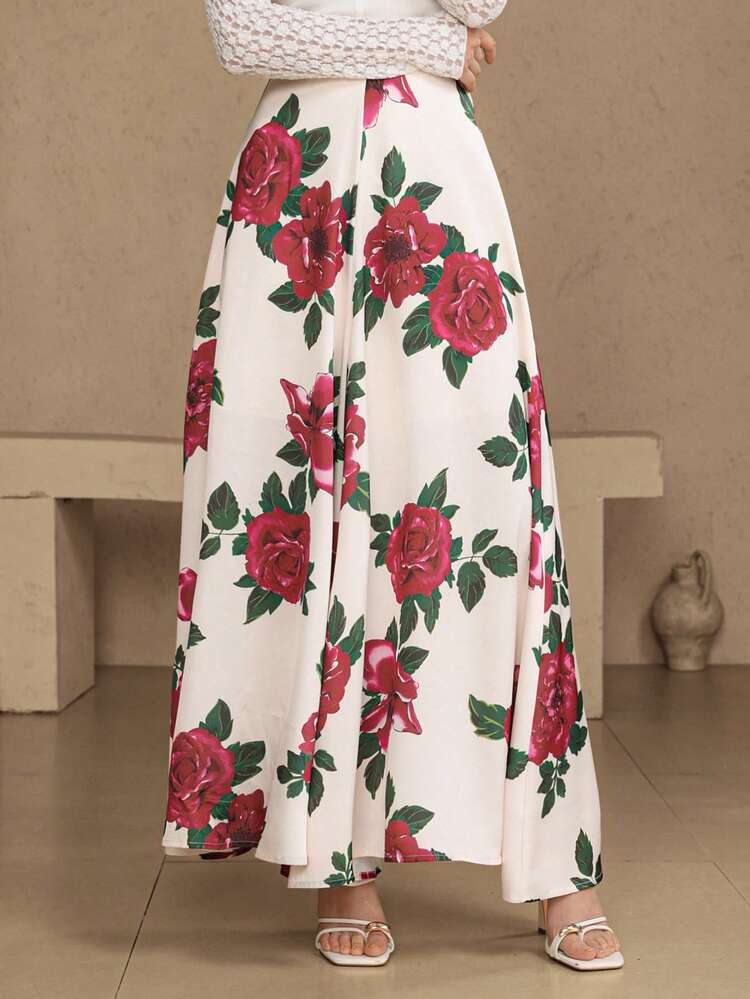 Women's Floral All-Over Print Loose Wide Leg Pants, Elegant Long Trousers