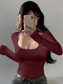 DAZY Women's Solid Color Square Neck Casual Versatile Daily Wear Long Sleeve T-Shirt Y2k - Burgundy - View 2