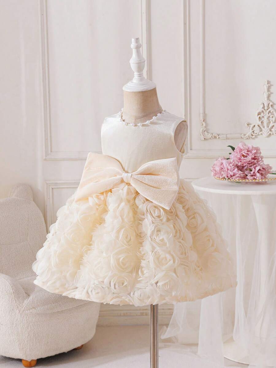 Glamorique Kids 女婴3D玫瑰刺绣连衣裙,饰有圣诞蝴蝶结和串珠,适合女婴参加派对和表演。 - 香檳色 - 查看 1
